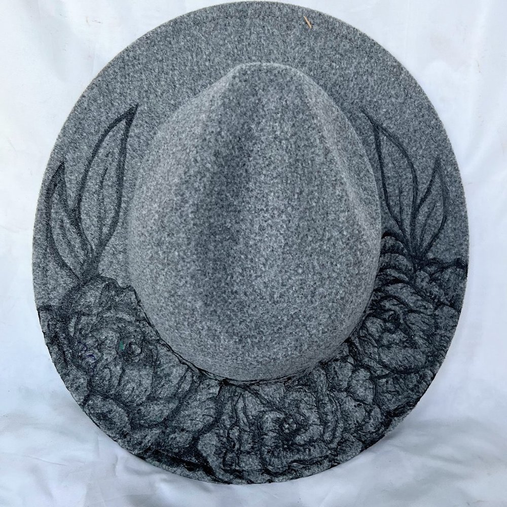 Hat Pyrography, Burned Peonies, Universal Thread Felt Hat Gray